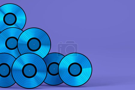 Téléchargez les photos : Ensemble de disques vinyles LP avec étiquette isolée sur fond violet. 3d rendu de disque musical long métrage 33 tr / min - en image libre de droit