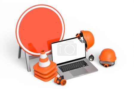 Photo for Set of safety helmet or hard hat, road traffic cones and sign for under construction road work near laptop on white background. 3d render cancept of website under maintenance with carpentry tools - Royalty Free Image