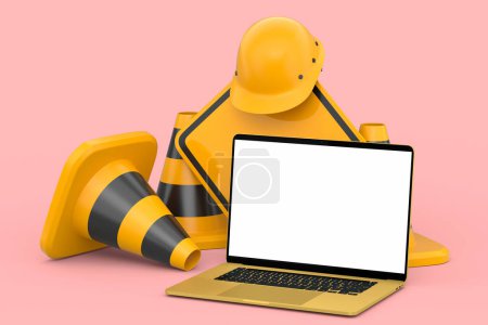 Photo for Set of safety helmet or hard hat, road traffic cones and sign for under construction road work near laptop on pink background. 3d render cancept of website under maintenance with carpentry tools - Royalty Free Image