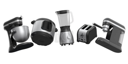 Elektrische Küchengeräte und Utensilien zum Frühstücken auf weißem Hintergrund. 3D-Rendering von Geschirr zum Kochen, Backen, Mischen und Peitschen