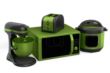 Elektrische Küchengeräte und Utensilien zum Frühstücken auf weißem Hintergrund. 3D-Rendering von Geschirr zum Kochen, Backen, Mischen und Peitschen