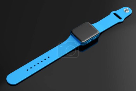 Photo for Stainless smart watch with blue leather strap isolated on black background. 3D rendering concept of wearable device health and fitness tracker - Royalty Free Image