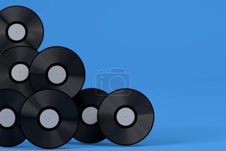 Téléchargez les photos : Ensemble de disques vinyle LP avec étiquette isolée sur fond bleu. 3d rendu de disque musical long métrage 33 tr / min - en image libre de droit