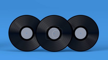 Téléchargez les photos : Ensemble de disques vinyle LP avec étiquette isolée sur fond bleu. 3d rendu de disque musical long métrage 33 tr / min - en image libre de droit