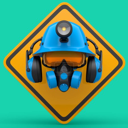 Photo for Set of construction wear and tools for repair and installation like engineer helmet. earphones, respirator and road traffic sign on green background. 3d render service of house plumber or repairman - Royalty Free Image
