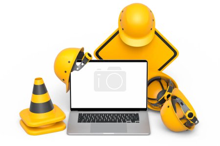 Set of safety helmets or hard hats and traffic cones, road sign for under construction road work on white background. 3d render cancept of website under maintenance with carpentry tools and laptop