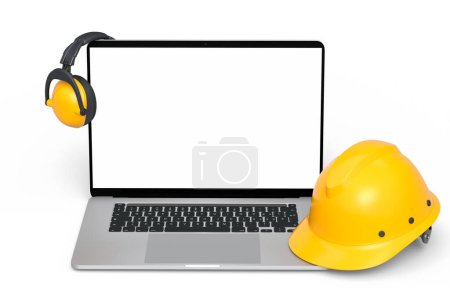 Photo for Set of safety helmets or hard caps, headphones and laptop for carpentry work on white background. 3d render and illustration of tool for carpentry work or labor headwear - Royalty Free Image