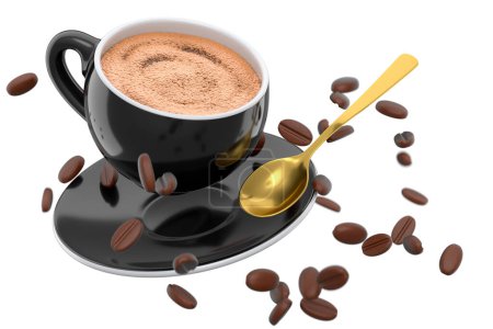 Ceramic coffee cup with coffee beans for cappuccino, americano, espresso, mocha, latte, cocoa on white background. 3d render of concept takeaway food and drink in recycling packaging and donut