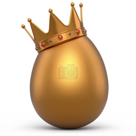 Farm organic gold egg with gold royal king crown on white background. 3d render of fresh chicken egg or morning breakfast and concept of luxury, wealth and imperial power