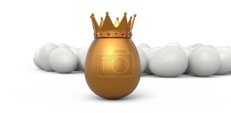 Crowd of farm white chicken eggs and unique gold egg in royal king crown on white background. 3d render of Easter concept or Black Friday, luxury, wealth and imperial power