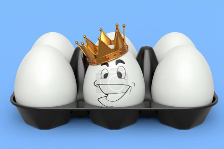 Unique white egg in gold royal crown standing in plastic tray with white eggs isolated on blue background. 3d render of Easter concept or Black Friday, luxury, wealth and imperial power