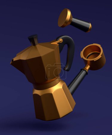 Photo for Espresso coffee machine with horn and geyser coffee maker for preparing breakfast on blue background. 3d render of coffee pot for making latte coffee - Royalty Free Image