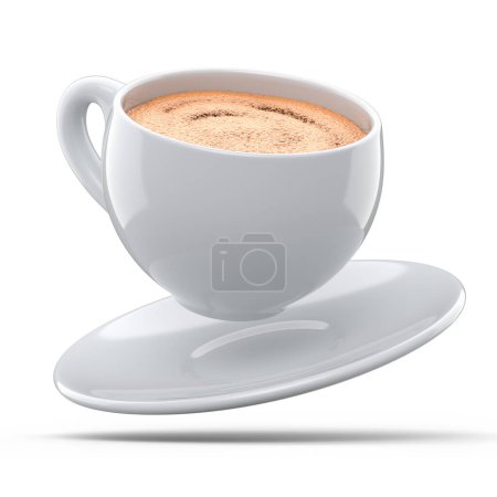 Photo for Ceramic coffee cup with foam for cappuccino, americano, espresso, mocha, latte, cocoa on white background. 3d render of concept takeaway food and drink in recycling packaging and donut - Royalty Free Image