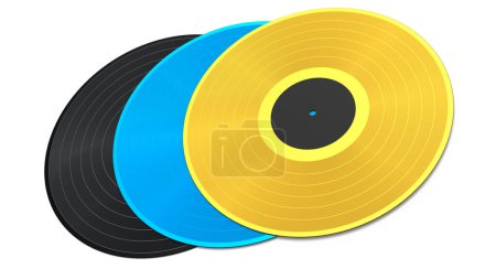 Set of vinyl LP records with label isolated on white background. 3d render of musical long play album disc 33 rpm