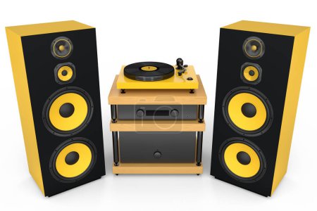 Conjunto de altavoces Hi-fi con altavoces y giradiscos DJ sobre fondo blanco. 3d renderizar equipos de audio como boombox y reproductor de discos de vinilo para estudio de grabación de sonido