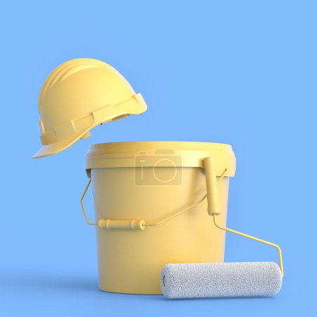 Photo for Set of safety helmet, bucket with paint rollers and brushes for painting walls on monochrome background. 3d render of renovation apartment concept and interior design - Royalty Free Image
