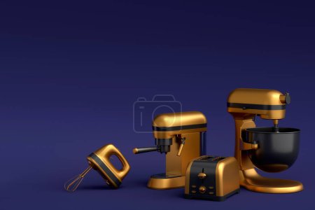 Photo for Espresso coffee machine, hand mixer, kettle and toaster for preparing breakfast on blue background. 3d render of coffee pot for making latte coffee - Royalty Free Image