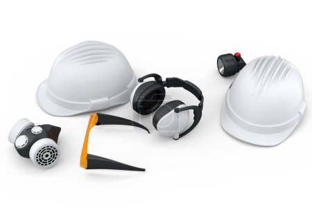 Photo for Set of construction wear and tools for repair and installation like helmet. earphones and respirator on white background. 3d rendering and illustration of service banner for house plumber or repairman - Royalty Free Image