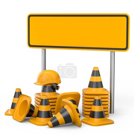 Set von Schutzhelmen oder harten Hüten und Verkehrskegeln, Verkehrszeichen für im Bau befindliche Straßenarbeiten auf weißem Hintergrund. 3D-Renderwerkzeuge für Industriearbeiter und Heimwerker