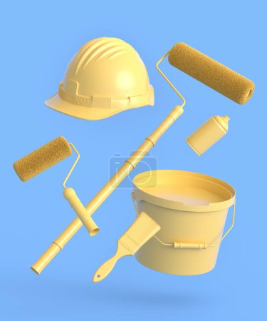 Set of safety helmet, bucket with paint rollers and brushes for painting walls on monochrome background. 3d render of renovation apartment concept and interior design