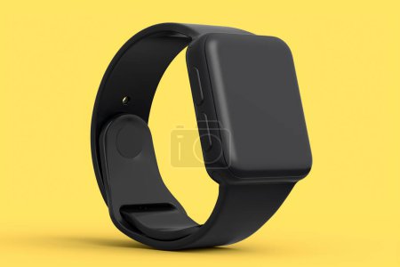 Smart watch with blue leather strap isolated on yellow monochrome background. 3D render concept of wearable device health and fitness tracker