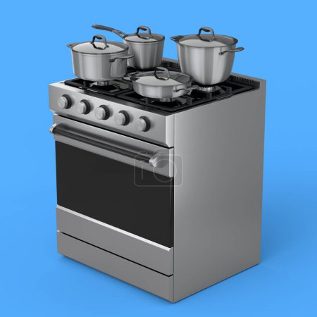 Photo for Frying pan and stewpot with glass lid on electric or gas stove cooker with burning flames on blue background. 3d render furnace for preparing food and boiling in saucepan and kettle on kitchen - Royalty Free Image