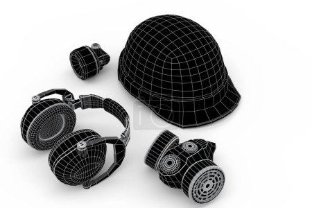 Photo for Safety helmet or hard cap, respirator and earphones muffs isolated on white background. 3d render concept of layers of visible and invisible lines are separated, wireframe style - Royalty Free Image