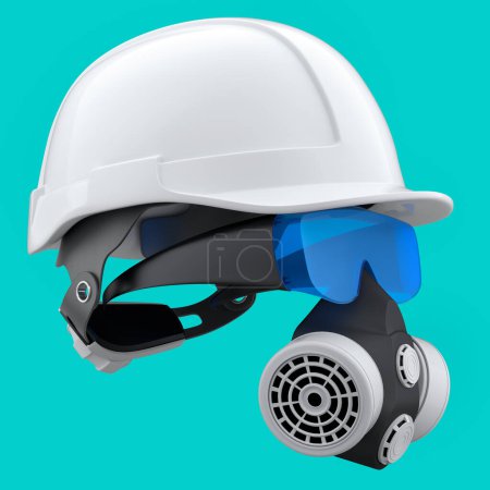 Photo for Set of construction wear and tools for repair and installation like helmet. protective glasses and respirator on green background. 3d rendering and illustration of service banner for house plumber - Royalty Free Image