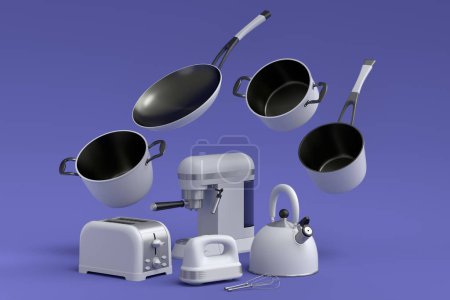 Photo for Espresso coffee machine, hand mixer, kettle and toaster for preparing breakfast on violet background. 3d render of coffee pot for making latte coffee - Royalty Free Image
