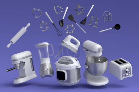 Electric kitchen appliances and utensils for making breakfast on violet background. 3d render of kitchenware for cooking, baking, blending and whipping