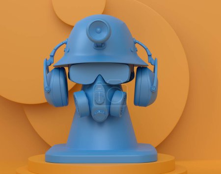 Photo for Abstract scene or podium with helmet, headphones and gas mask on monochrome. 3d render of scene for product presentation carpenter tool for repair and building on stage, pedestal or platform - Royalty Free Image