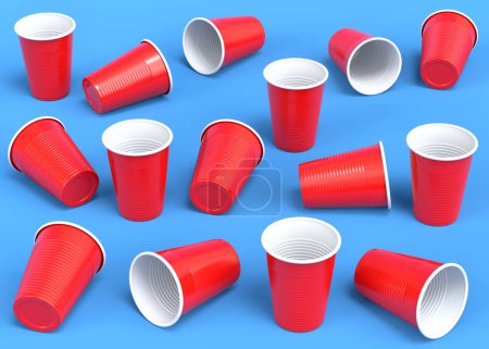 Téléchargez les photos : Set of plastic disposable party cup isolated on blue background. 3d render of take away glass for juice, fresh, beer - en image libre de droit