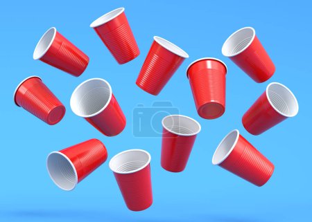 Téléchargez les photos : Set of plastic disposable party cup isolated on blue background. 3d render of take away glass for juice, fresh, beer - en image libre de droit