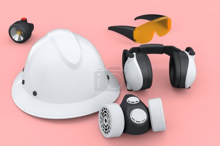 Photo for Set of construction wear and tools for repair and installation like helmet. earphones and respirator on pink background. 3d rendering and illustration of service banner for house plumber or repairman - Royalty Free Image