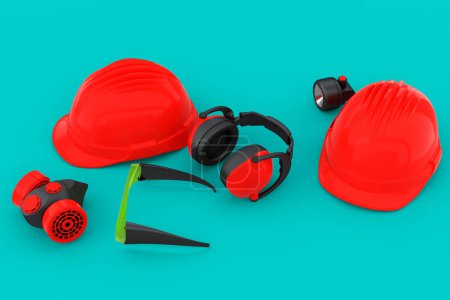 Photo for Set of construction wear and tools for repair and installation like helmet. earphones and respirator on green background. 3d rendering and illustration of service banner for house plumber or repairman - Royalty Free Image