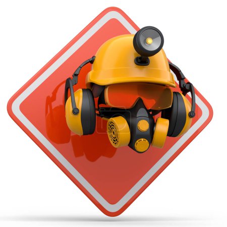 Photo for Set of construction wear and tools for repair and installation like engineer helmet. earphones, respirator and road traffic sign on white background. 3d render service of house plumber or repairman - Royalty Free Image
