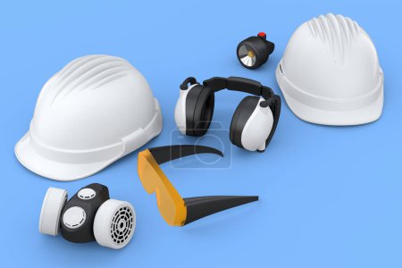 Photo for Set of construction wear and tools for repair and installation like helmet. earphones and respirator on blue background. 3d rendering and illustration of service banner for house plumber or repairman - Royalty Free Image