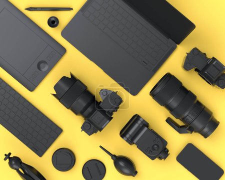 Photo for Top view of monochrome designer workspace and gear like laptop, tablet, digital camera and spidlight flash on yellow background. 3d render of accessories for illustrator and photography - Royalty Free Image