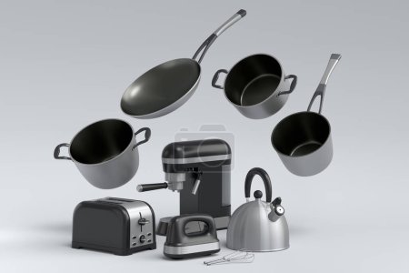 Espressomaschine, Handmixer, Wasserkocher und Toaster zur Zubereitung des Frühstücks auf weißem Hintergrund. 3D-Darstellung der Kaffeekanne zur Zubereitung von Latte-Kaffee