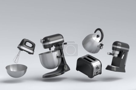 Photo for Espresso coffee machine, hand mixer, kettle and toaster for preparing breakfast on white background. 3d render of coffee pot for making latte coffee - Royalty Free Image