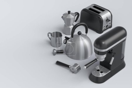 Photo for Espresso coffee machine, hand mixer, kettle and toaster for preparing breakfast on white background. 3d render of coffee pot for making latte coffee - Royalty Free Image