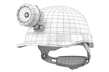 Photo for Safety helmet or hard cap with flashlight and earphones muffs isolated on white background. 3d render concept of layers of visible and invisible lines are separated, wireframe style - Royalty Free Image