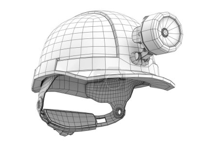 Photo for Safety helmet or hard cap with flashlight and earphones muffs isolated on white background. 3d render concept of layers of visible and invisible lines are separated, wireframe style - Royalty Free Image