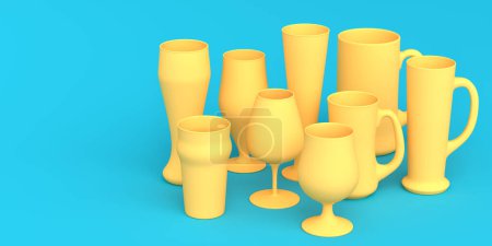 Téléchargez les photos : Ensemble de verres jaunes de bière fraîche sur fond vert monochrome. Rendre 3D concept de boire de l'alcool pendant les vacances, Oktoberfest ou Saint-Patrick - en image libre de droit