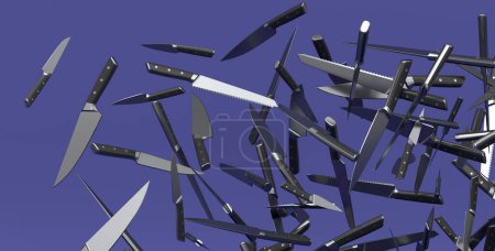 Téléchargez les photos : Beaucoup de couteaux de cuisine de chef volant sur fond violet. 3d rendu de couteaux de boucher ou d'ustensiles de cuisine professionnels - en image libre de droit