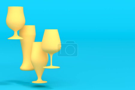 Téléchargez les photos : Ensemble de verres jaunes de bière fraîche sur fond vert monochrome. Rendre 3D concept de boire de l'alcool pendant les vacances, Oktoberfest ou Saint-Patrick - en image libre de droit