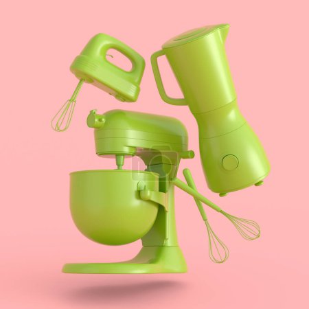 Mixer and hand mixer with kitchen utensil and whisks for preparation of dough and cocktails on monochrome background. 3d render cooking process step by step and accessories for cooking and mixing
