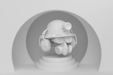 Photo for Abstract scene or podium with helmet, headphones and gas mask on monochrome. 3d render of scene for product presentation carpenter tool for repair and building on stage, pedestal or platform - Royalty Free Image