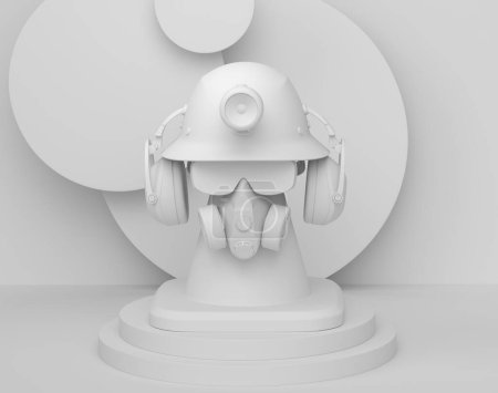 Foto de Escena abstracta o podio con casco, auriculares y máscara de gas en monocromo. 3D renderizado de escena para la presentación de productos herramienta de carpintería para reparación y construcción en el escenario, pedestal o plataforma - Imagen libre de derechos