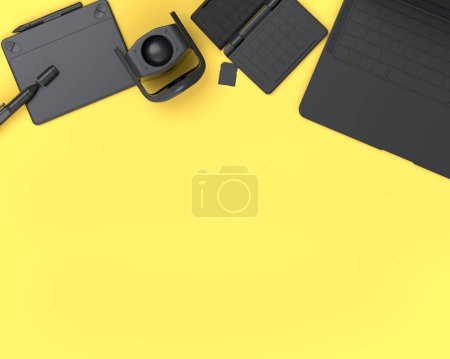 Foto de Vista superior del espacio de trabajo del diseñador monocromático y el equipo como portátil, tableta, calibrador y paleta de colores sobre fondo amarillo. 3D renderizado de accesorios para ilustrador y fotografía - Imagen libre de derechos